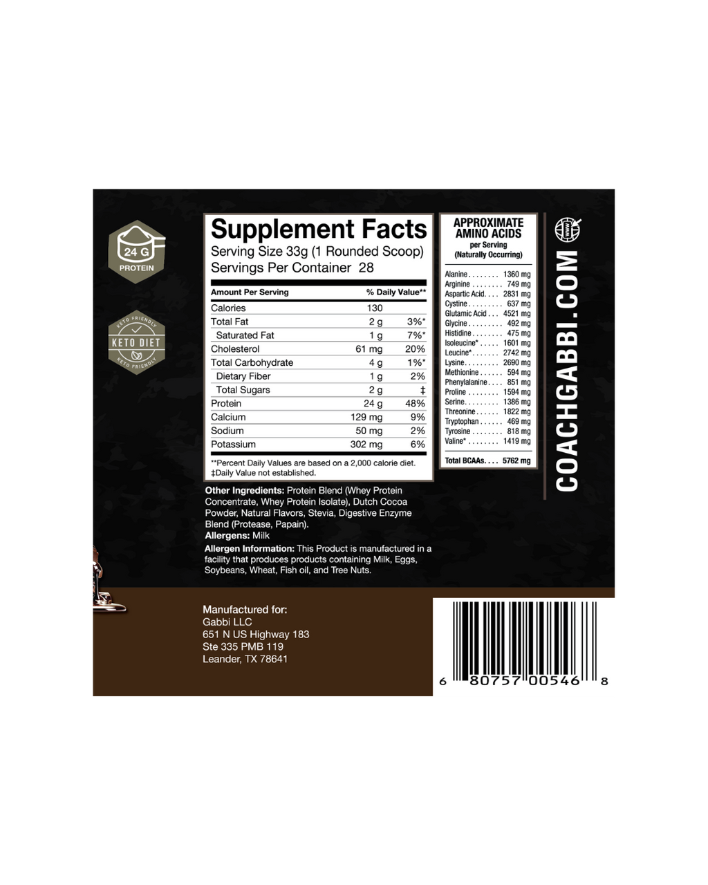 Supplement label with 'Coach Gabbi' branding on a white background