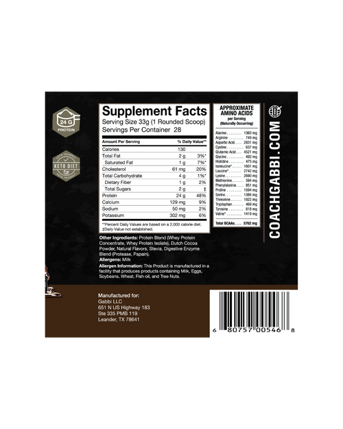 Supplement label with 'Coach Gabbi' branding on a white background