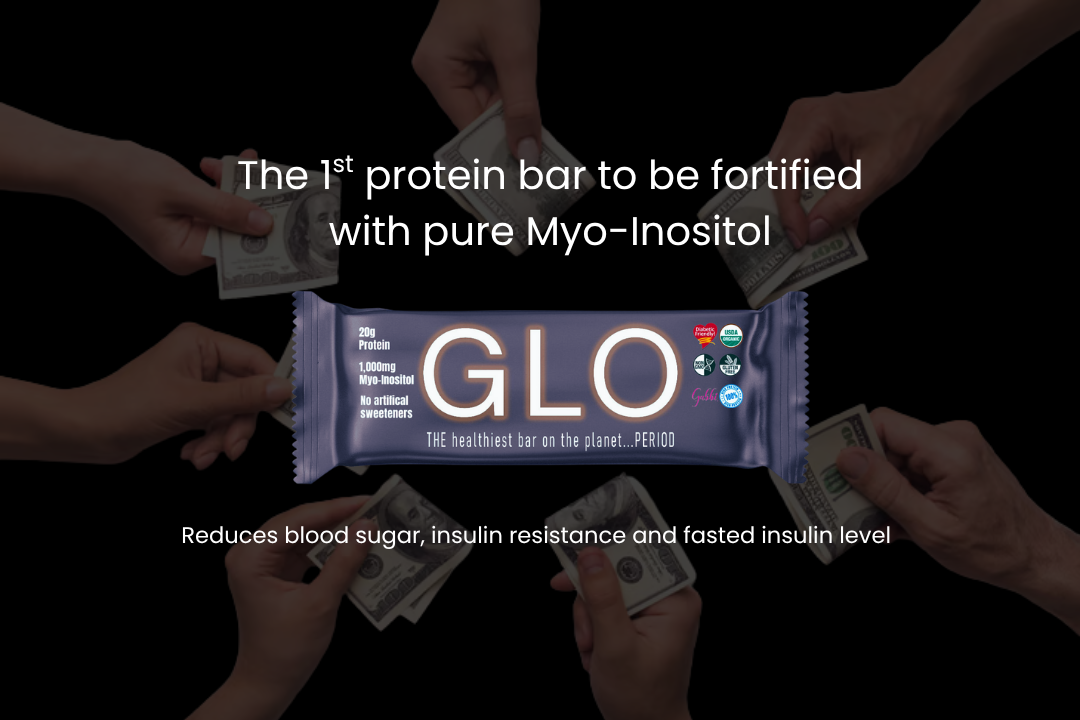 GLO protein bar being held by multiple hands with text about Myo-Inositol fortification.