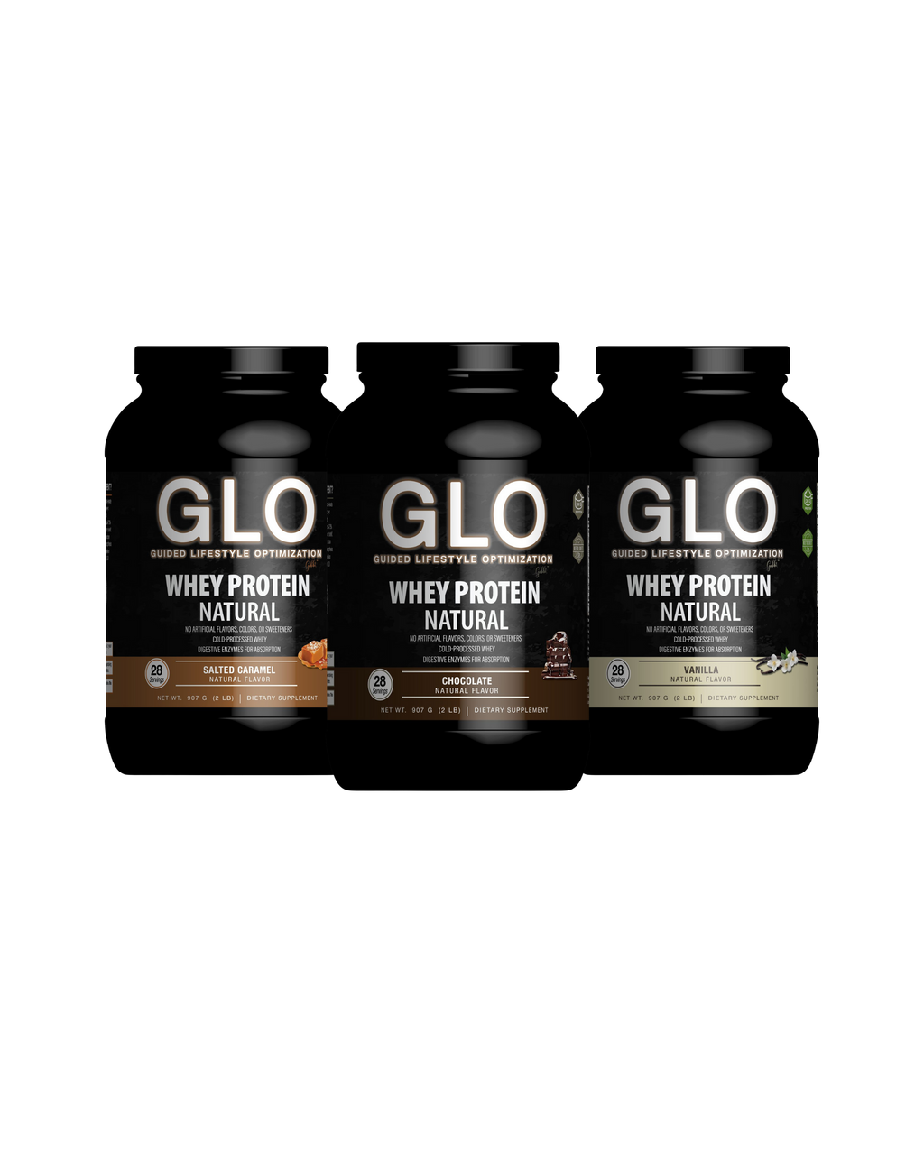 Three bottles of GLO whey protein on a white background