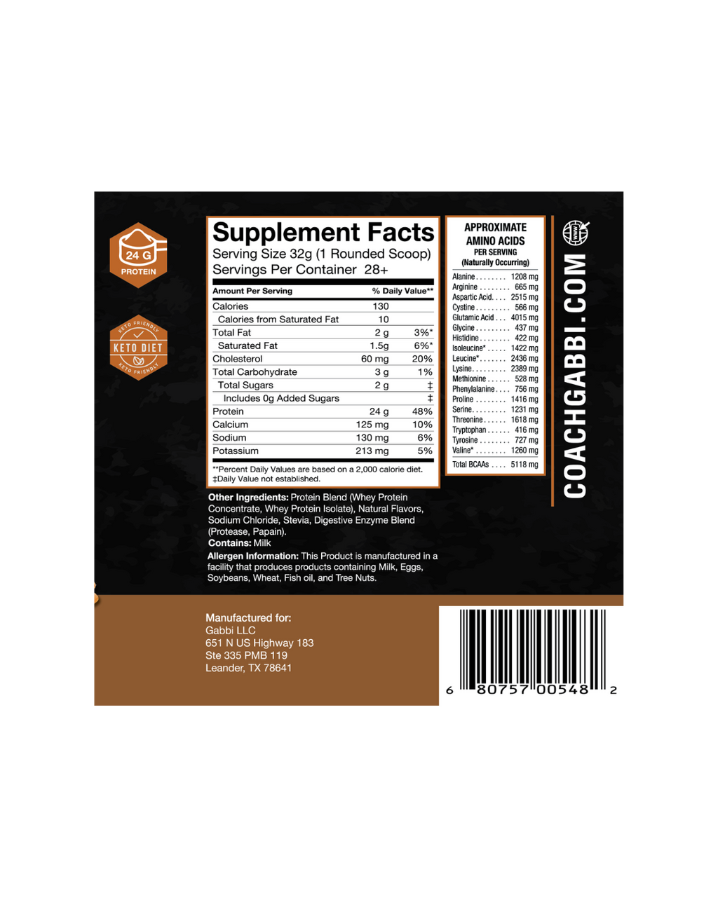 Supplement label with 'Coach Gabbr' branding on a white background