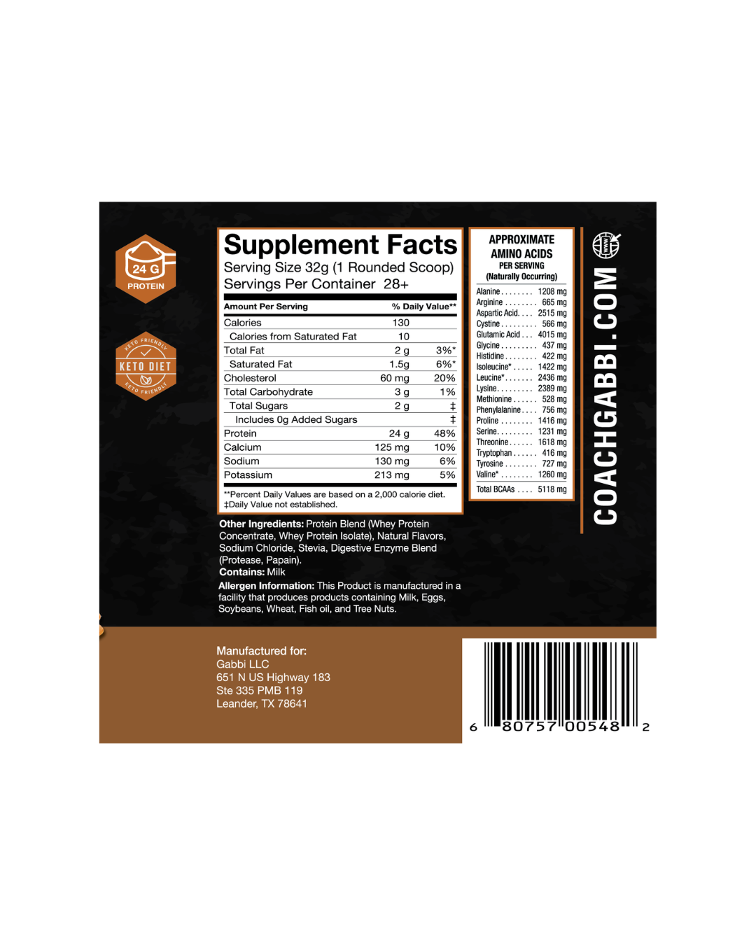 Supplement label with 'Coach Gabbr' branding on a white background