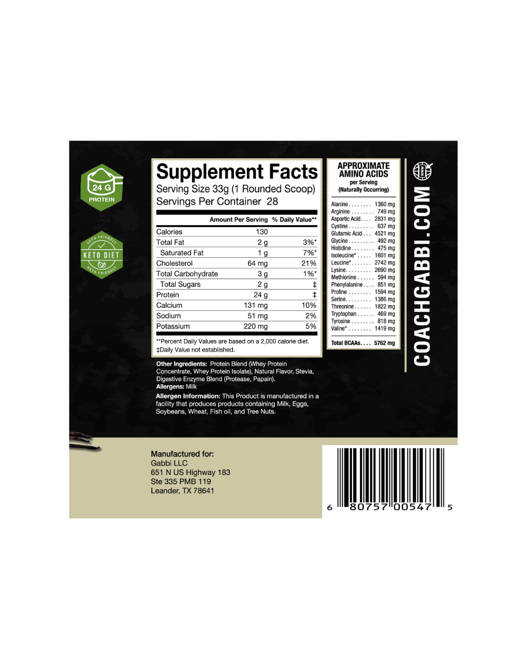 Supplement label with 'Coach Gabbi' branding on a white background