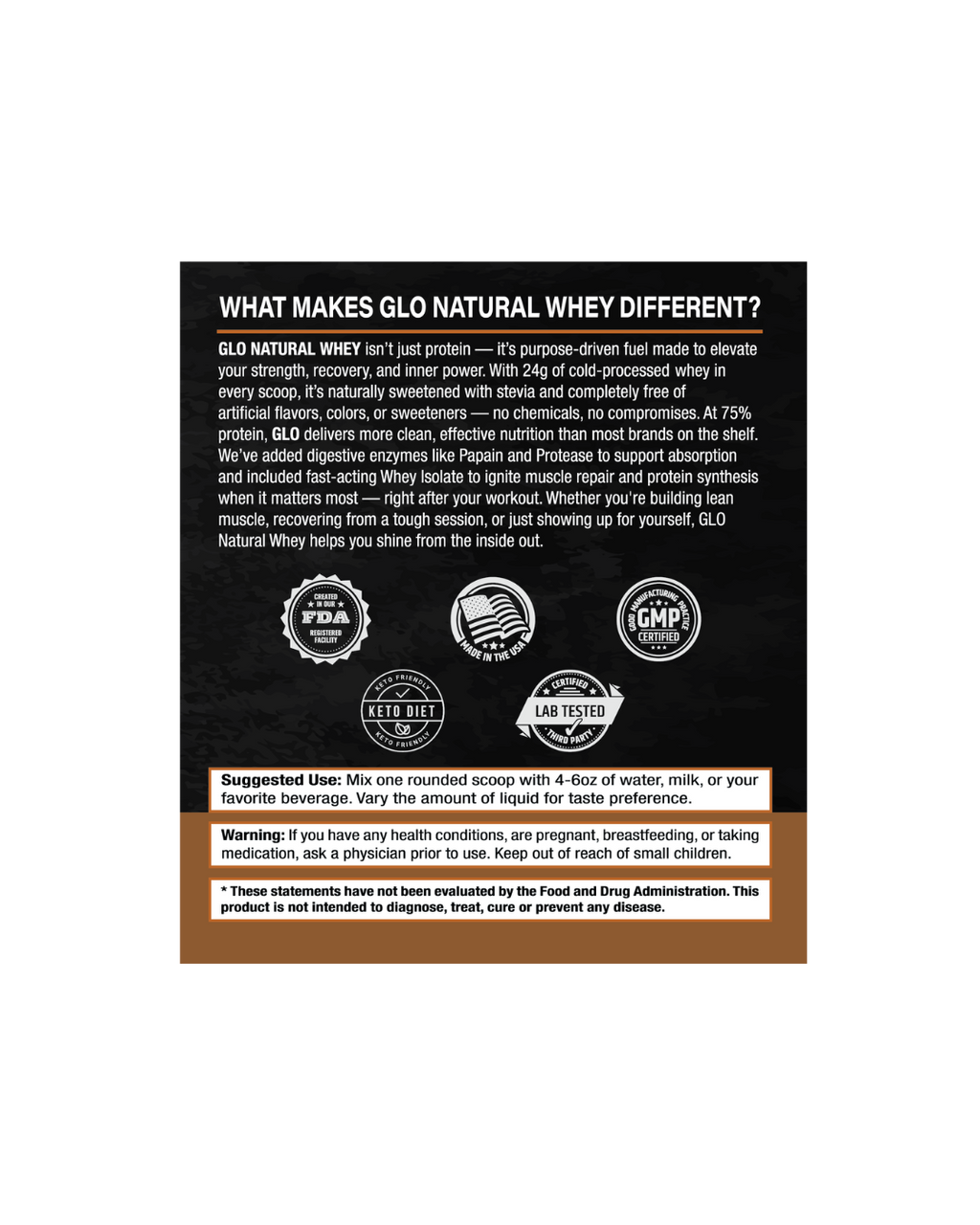 GLO Natural Whey supplement label with text and logos on a black background